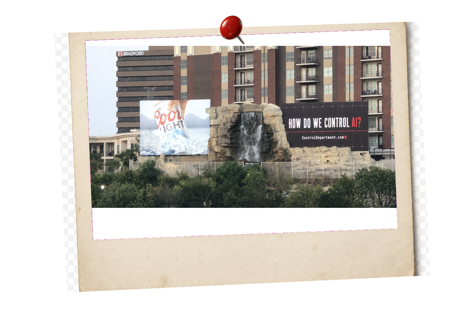 Generated campaign scene beside the Dallas waterfall billboard