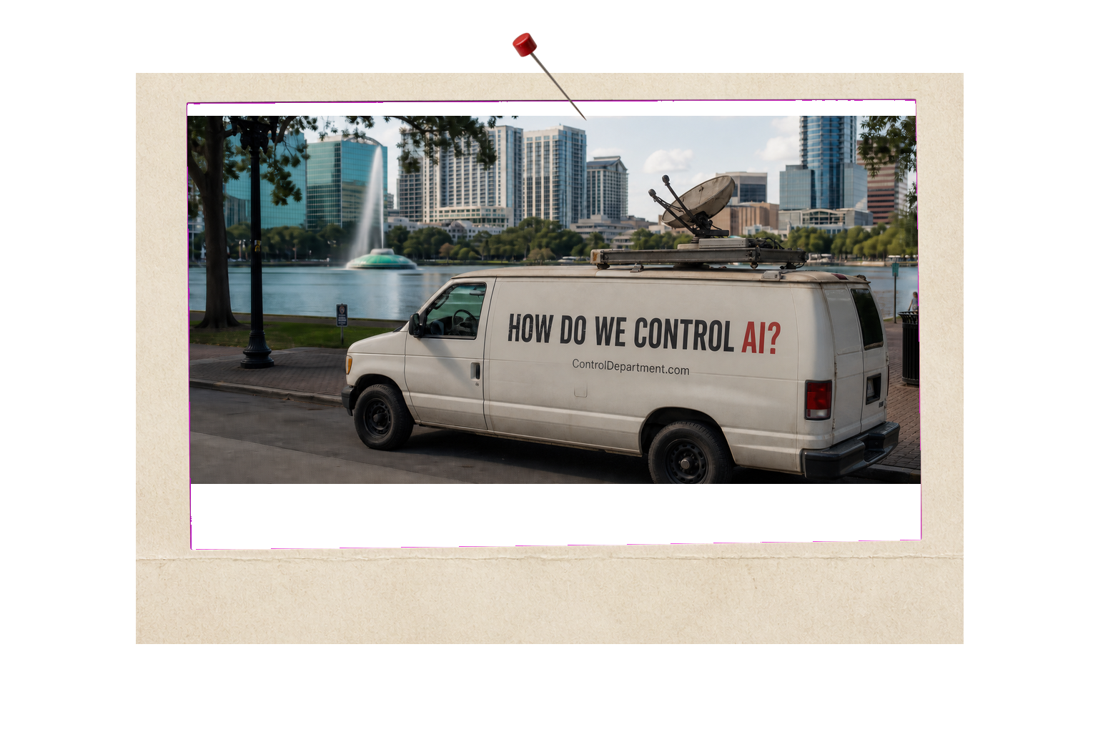 Generated surveillance-style campaign van passing Lake Eola