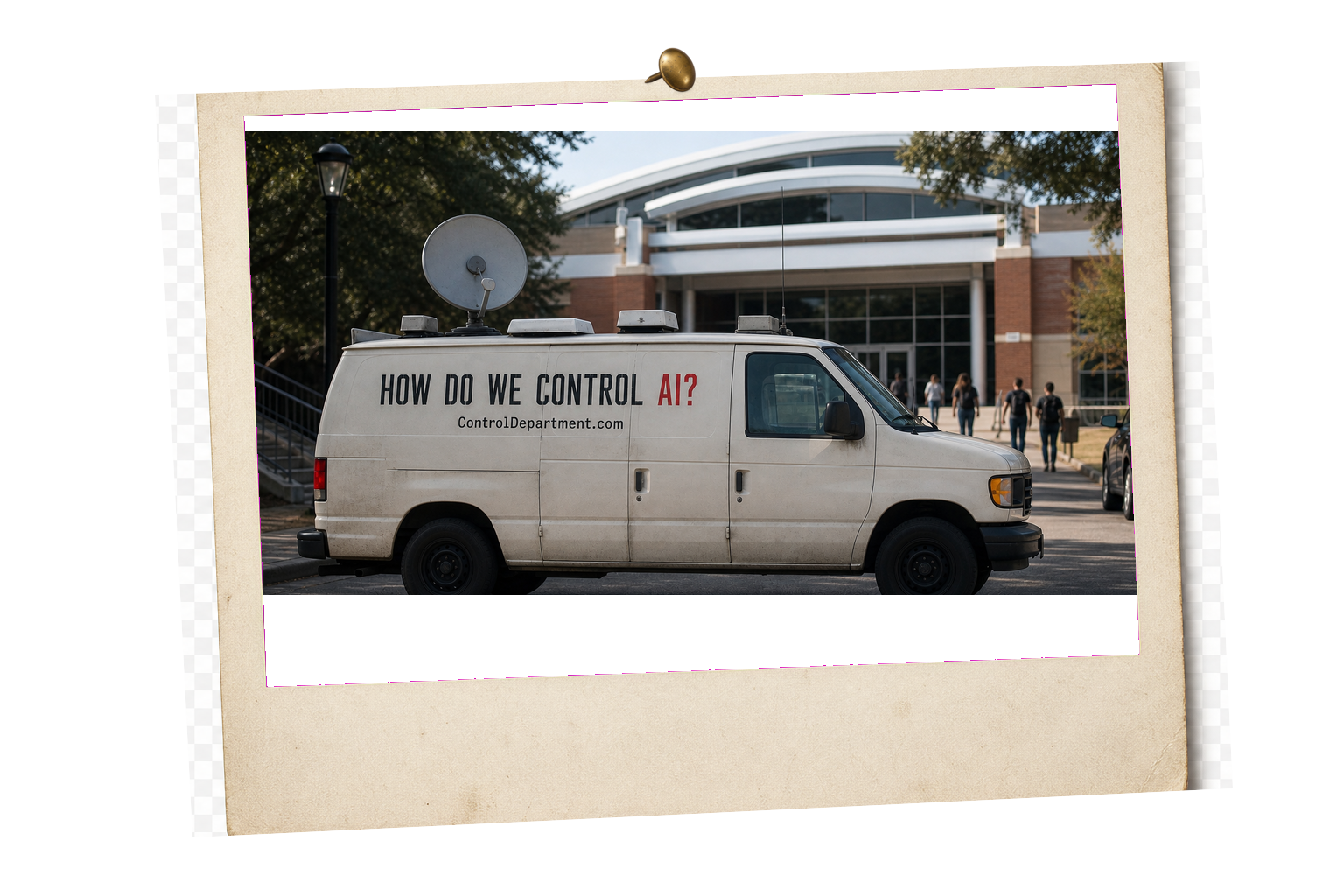 Generated surveillance-style campaign van arriving on the UCF campus