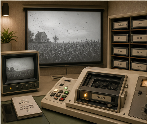 A bright cassette-retrofuturist screening office with a trailer cassette in an analog player and a projected cornfield image