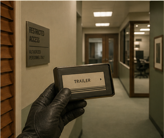 A gloved hand carrying a trailer cassette through a bright restricted retro office corridor