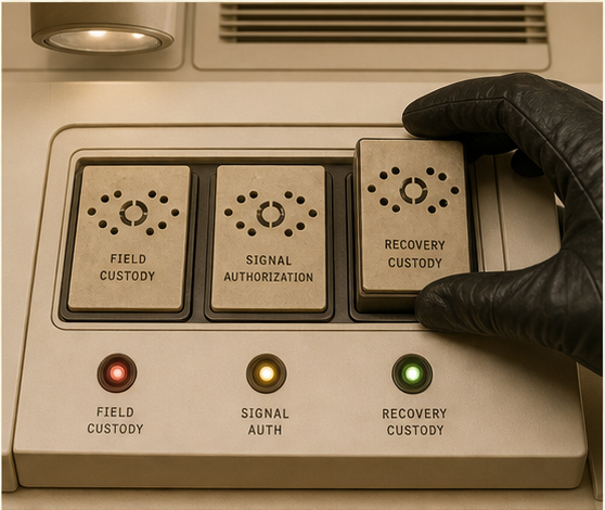 Three authorization tiles being assembled on an ivory analog console with red amber and green status lights