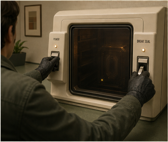 An operator using two physical controls to open a smoked-glass containment cabinet in a cassette-retrofuturist office