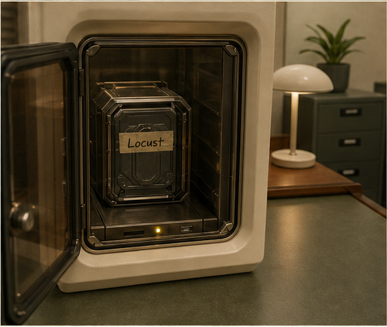 A rugged hard drive labeled Locust revealed inside a bright smoked-glass containment cabinet