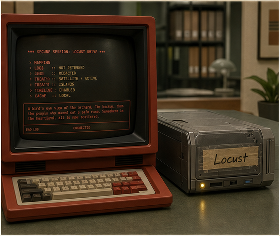 The same Locust hard drive mounted beside a red CRT computer in a bright cassette-retrofuturist office