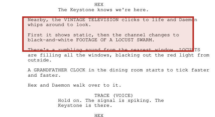 Highlighted screenplay excerpt describing a vintage television showing black-and-white locust footage