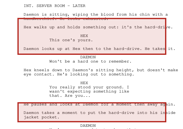 Highlighted screenplay excerpt showing Hex handing the hard drive to Daemon and Daemon carrying it inside his jacket