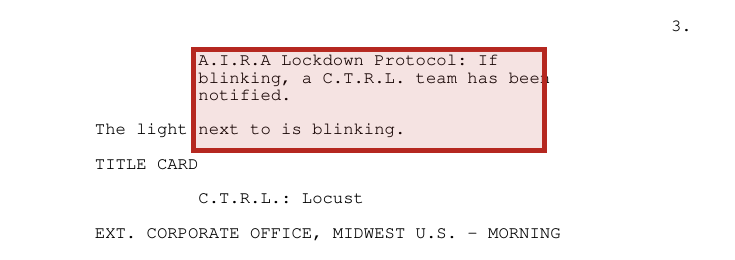 Highlighted screenplay excerpt stating that a CTRL team has been notified by the AIRA lockdown protocol