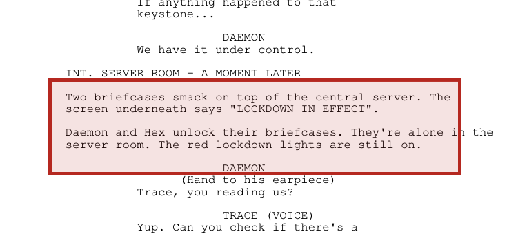 Highlighted screenplay excerpt showing Daemon and Hex placing and unlocking their briefcases under lockdown
