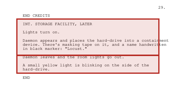 Highlighted screenplay ending showing the hard drive labeled Locust inside containment and a blinking yellow light